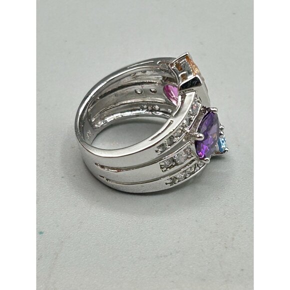 Colorful Cocktail Ring Size 7.5 Silver Tone & Glass Stones Pink Purple Tones - Picture 3 of 10